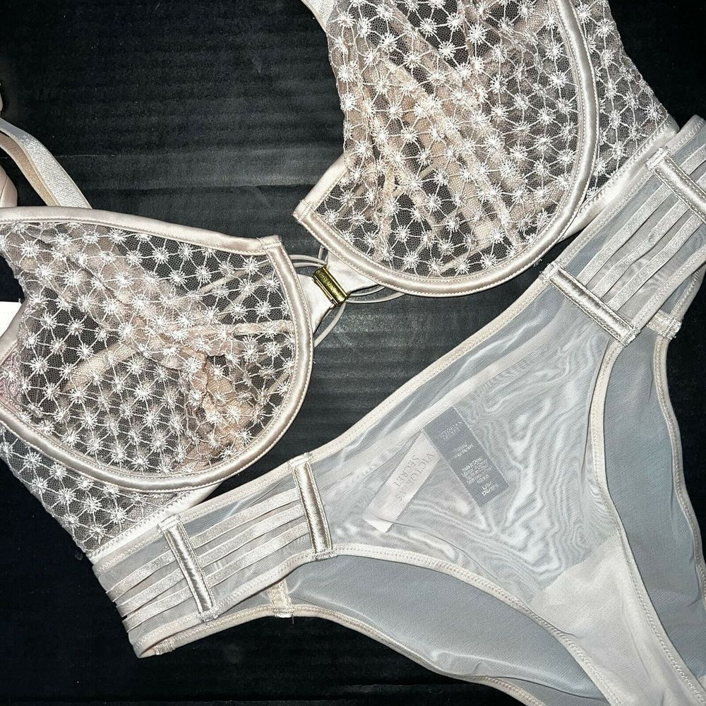 Victoria's Secret unlined 36D,36DD,36DDD BRA SET strappy Panty Beige starburst